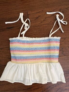 Women’s White Smocked Peplum Cropped Top with Multicolor Stripe Detail